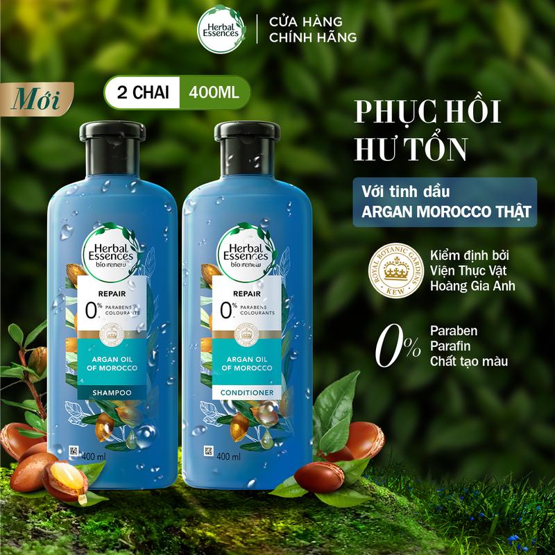 [Mua 1 Tặng 1] Dầu Gội Tặng Dầu Xả Herbal Essences 400ml – Phục Hồi Tóc Hư Tổn, Hương Tinh Dầu Argan Morroco
