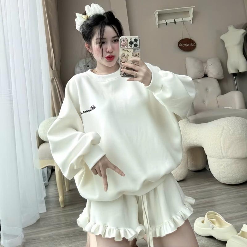  Sét Bộ Thêu Chữ Kèm Quần Đùi Phối Bèo From Bồng Xòe Chất Nỉ Bông Mềm Mịn Freesize 45-75kg Cho Nữ 