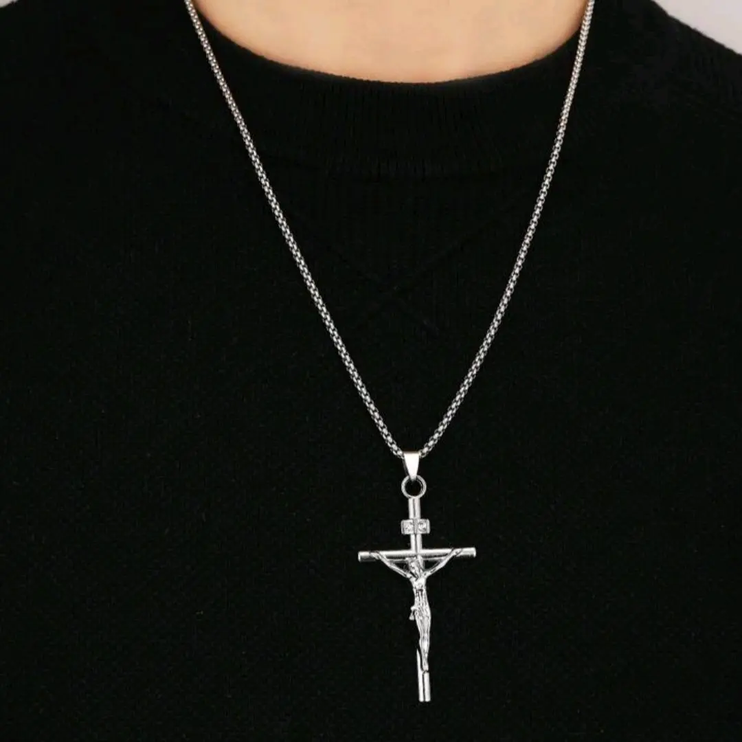 Kalung Liontin Salib Patung Titanium Anti Karat Model Rantai Rollo Silver Pria Wanita Stainless
