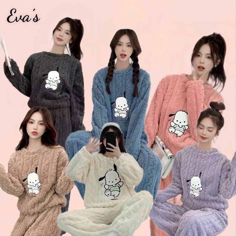   EVA368  HÀNG ĐẸP LOẠI 1   Bộ ngủ lông xoắn dài tay in hình CÚN dễ thương Mùa đông Nữ Women Áo Tất Cao Cổ Nam Nữ Unisex 