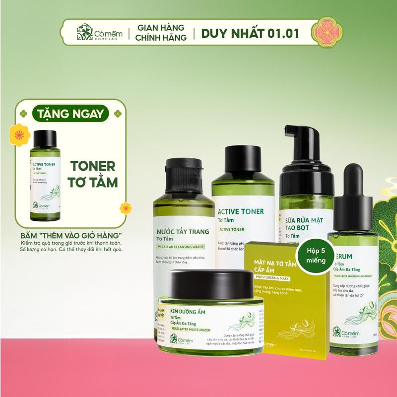 COMBO TẶNG QUÀ MIỄN PHÍ Bộ Chăm Sóc Da Chuyên Sâu Tơ Tằm 6 Sản Phẩm Tẩy Trang Sữa Rửa Mặt Serum Kem dưỡng Mặt nạ Tơ Tằm Cỏ Mềm 800g