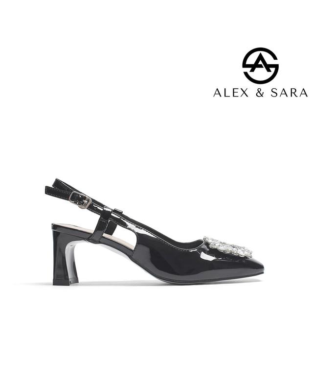 LT89 - Giày Slingback Nữ Đính Đá Cao Cấp Mũi Vuông Da Bóng Sang Trọng Gót Thấp Dễ Đi Alex Sara