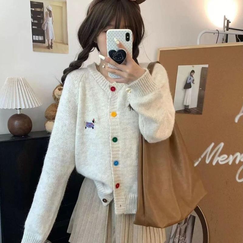 Áo Cardigan Dệt Kim, Phong Cách Thường Ngày Thêu Ngọt Ngào, Dẻo Dai, Dài Tay, Màu Mới Mùa Thu, Cài Nút, Dáng Rộng Vừa Vặn, Áo Khoác Len, Dành Cho Nữ 1