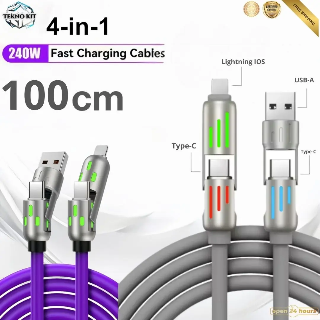 4IN1 Kabel Data USB CABLE 240W ASTELL C-14 FAST CHARGING iOS/ANDROID 4-in-1 240W USB Type C Silicone Fast Charging Cable, For iPhone Huawei Samsung Xiaomi Durable Type-C To USB A Cable  Kabel Data 4 In  1 1 METER Fast Charging PD USB-A to Type-C/iOS Light