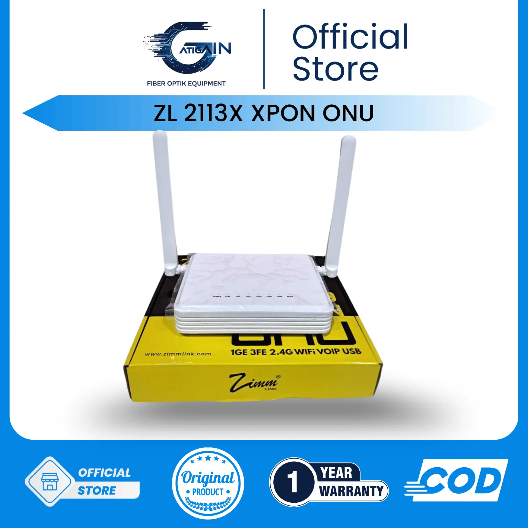 Modem ZIMMLINK ZL-2113X XPON ONU ONT 1GE 3FE WiFi 2.4G VoIP USB Resmi Postel