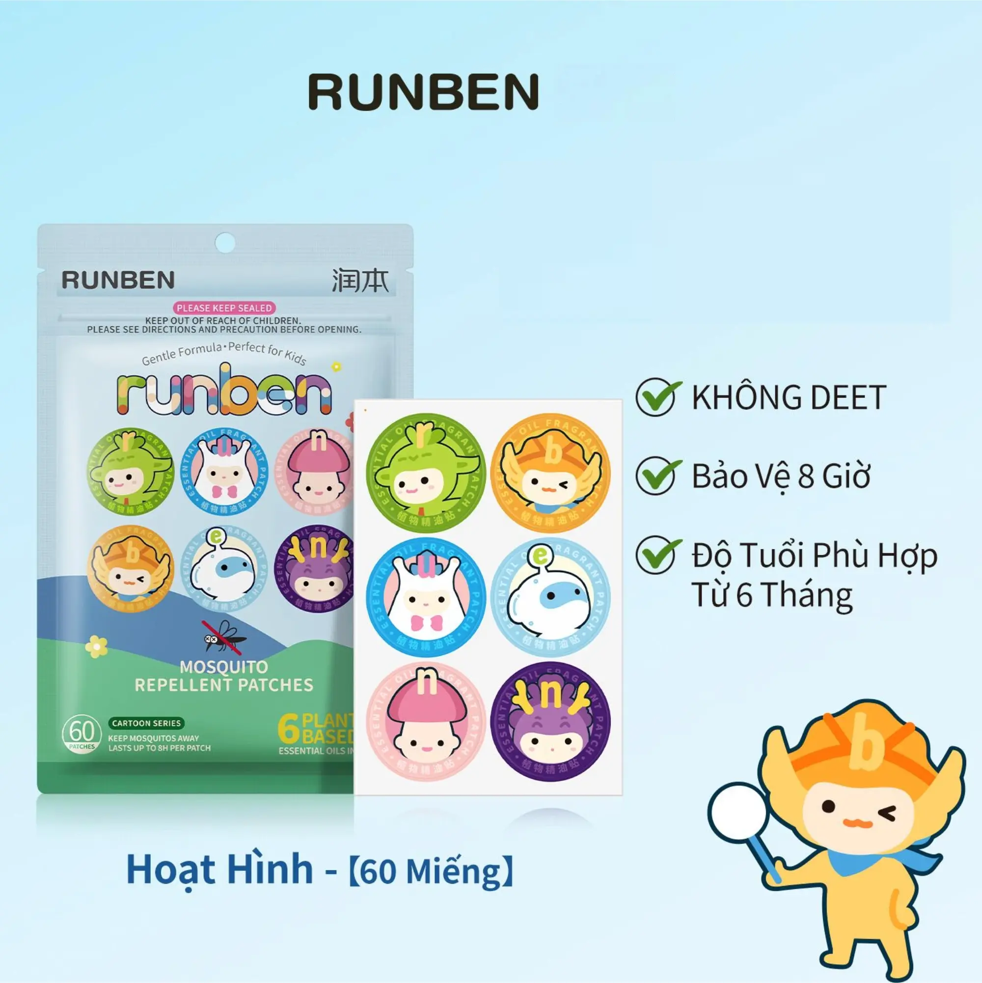 RUNBEN Miếng Dán Tinh Dầu Chống Muỗi, 60 Miếng, Chiết Xuất Thực Vật Tự Nhiên, Lâu Trôi, Công Thức Nhẹ Nhàng Hai