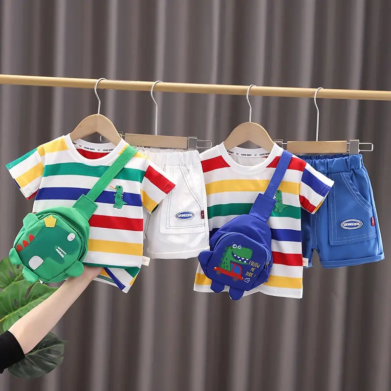 Tas Dino Setelan Baju Anak Laki-Laki Garis Dino Tas Motif Dino Celana Pendek GRATIS FREE TAS DINO Fashion setelan  anak korea import Kemeja 0
