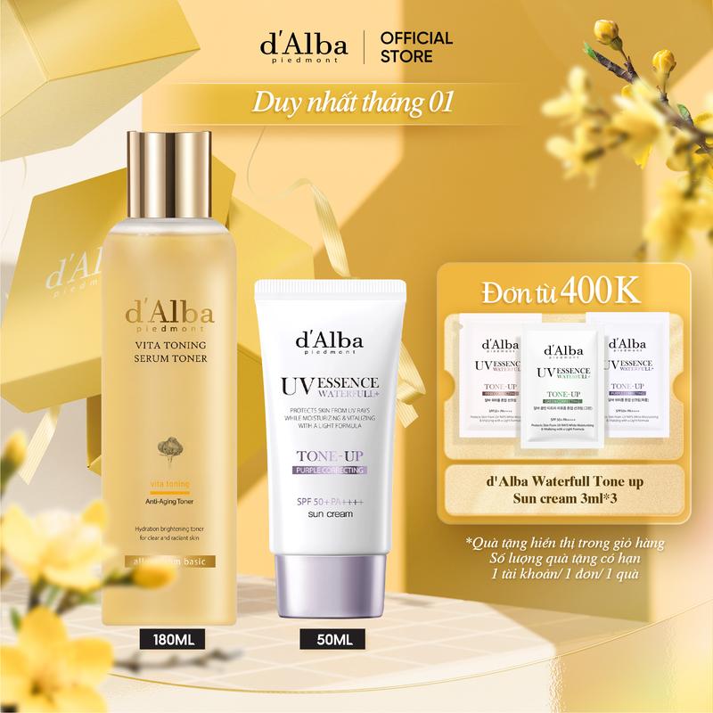   COMBO  Toner Cấp Ẩm Vita Toning Serum Toner 180ml & Kem Chống Nắng Nâng Tone Tím Hiệu Chỉnh Màu Da Tone-up  Purple  Suncream 50ml 