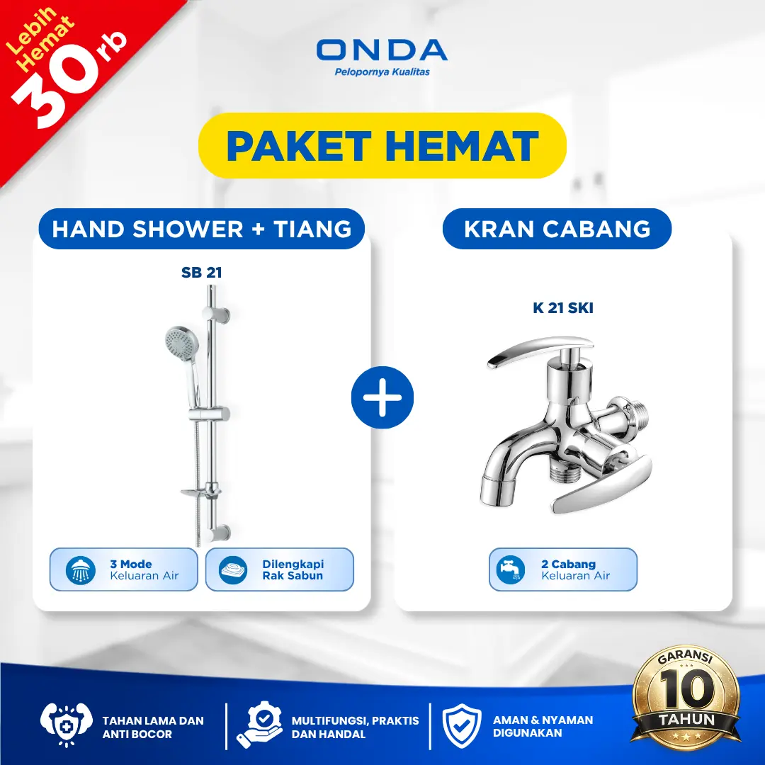ONDA PAKET HEMAT Shower Mandi Tiang dan Kran Shower 2 Cabang - Shower Bar SB 21 + Kran Cabang K 21 SKI Shower Mandi Tiang Set Dengan Kran 2 Cabang Anti Bocor Tahan Lama