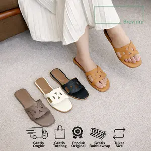 BREVINNI Vinni Sandal Flat Wanita || Sandal Tepes Wanita || Sandal Flat || Sandal Premium || Alas Kaki Wanita Empuk Nyaman Anti Slip || Sendal Slides
