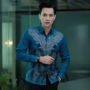 ASKAR EMERALD BLUE Kemeja batik pria lengan panjang furing full katum slimfit halus nyaman warna biru emerald Katun Navy