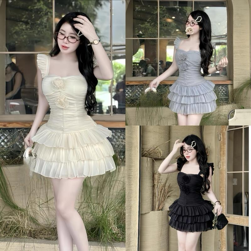 Váy tơ tiểu thư nhún 2 dây bèo cánh tiên dáng ngắn xoè tầng đính bông Đầm tơ dáng ngắn xoè bánh bèo đi chơi đi tiệc bồng