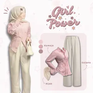 3 in 1 Setelan Outfit Simpel | Kemeja Salur Pink + Jennie Knit Ivory + Bella Square Biscuit | UC69