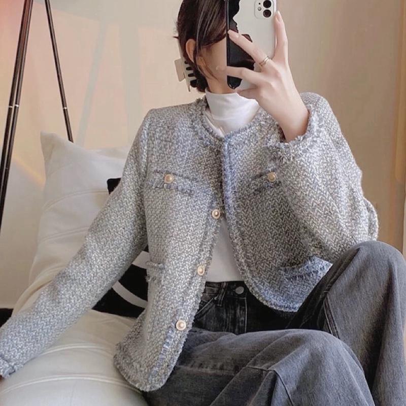 Áo khoác PRE-ORDER Loại Trần Lông Vũ Áo dạ đan Cao Cấp màu xanh tiêu kèm bọc móc Hàng Châu nữ top QCCC