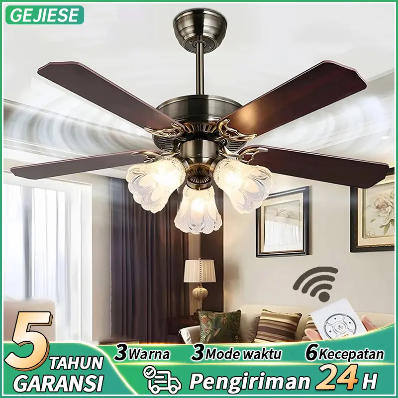GOGEOUS Kipas Angin Gantung Gaya Nordik 48Inci 6Kecepatan Ruang Tamu 3Warna Remote Lampu Kipas Angin plafon