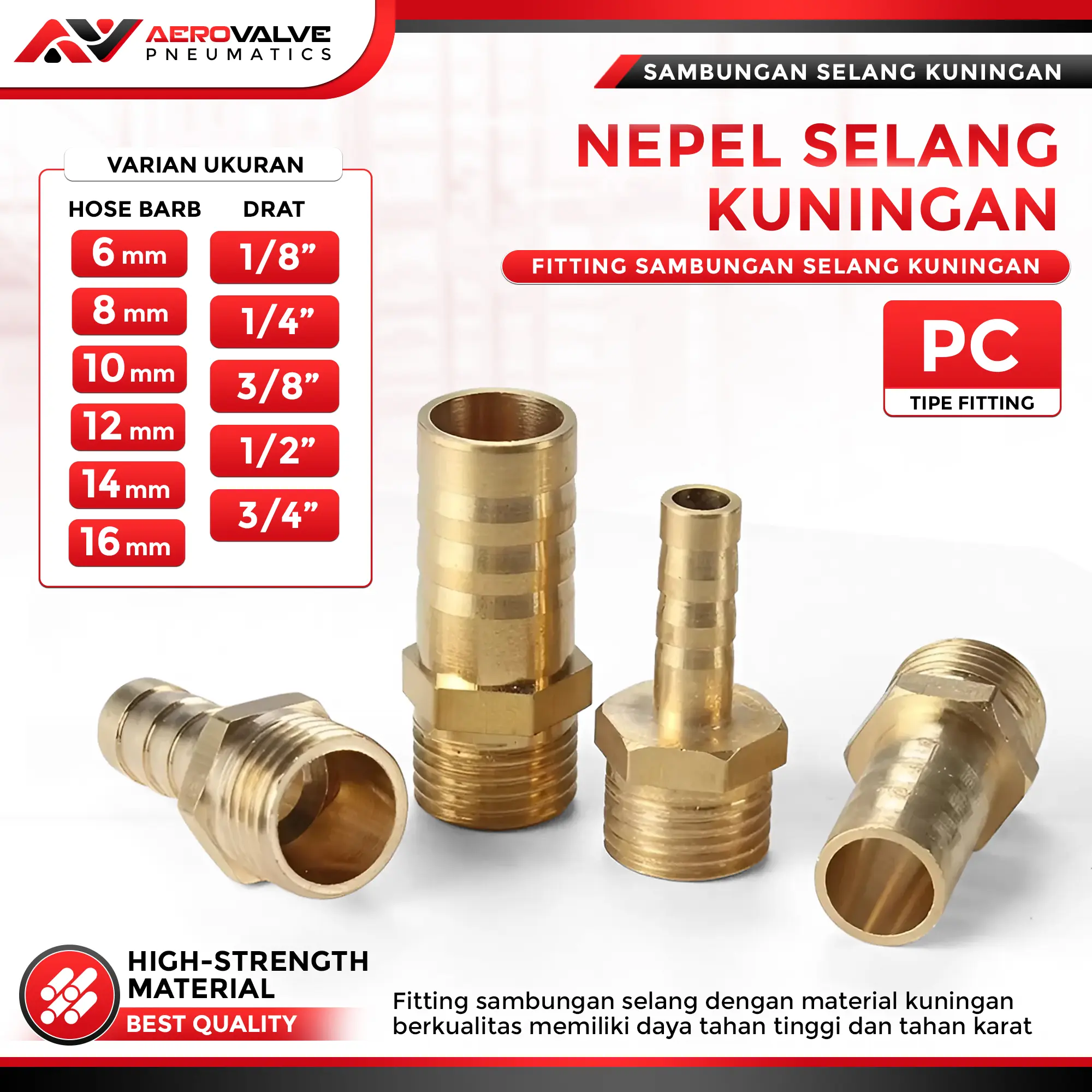 Hose nepel / nepel selang Kuningan Drat Luar (Male) PC