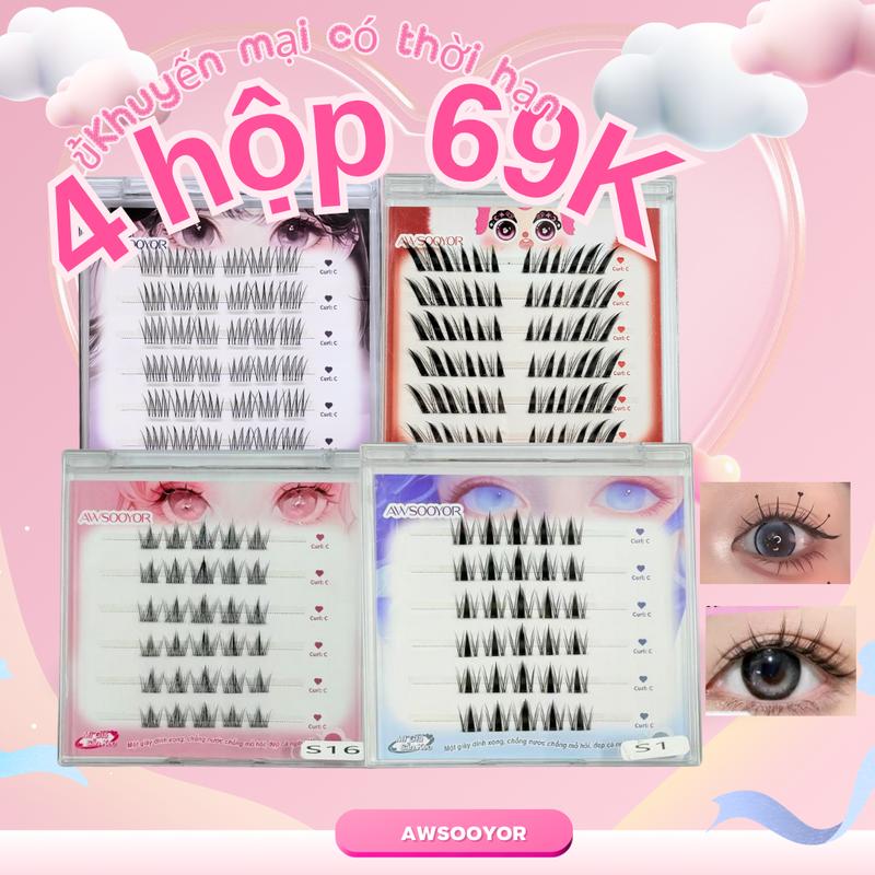 【4 hộp 69K  AWSOOYOR Lông mi giả sẵn keo, mi tự dính, Mi Giả tái sử dụng, Chống Nước 24H Dáng Hàn Quốc | Combo 4 Đôi Tặng Keo | Bao Bì Cao Cấp - Dành Cho Mắt Một Mí/Tròn mithe  giver