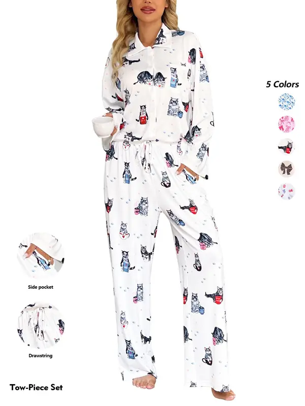 Women's All Over Print Lapel Neck Pajama Two-piece Set, Long Sleeve Button Top & Pants PJ Set, Casual Comfy Pyjama Set for Women, Loungewear 8