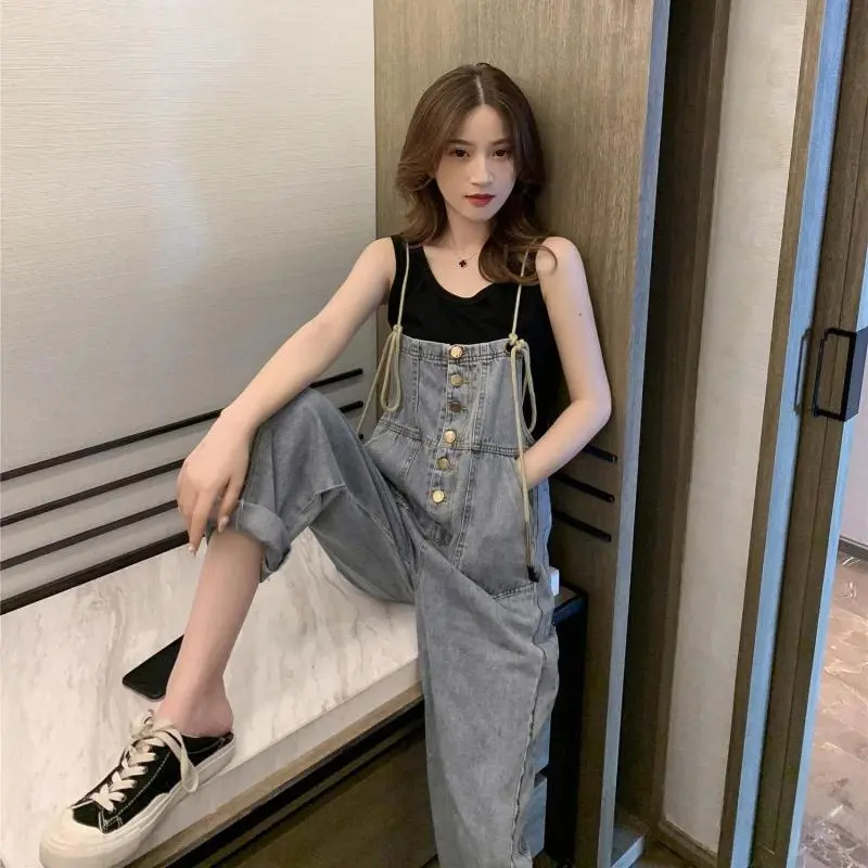 Jeans Jumpsuit Celana Kodok Celana Tali Ikat Celana Wanita Longgar Lebar Kaki Celana Jumpsuit Foashion Korean Style Celana Denim