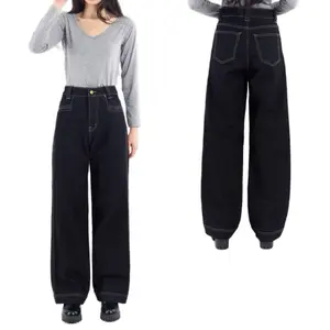 Celana jeans wanita model pipa standart berbahan semi stretch pinggang tinggi warna hitam 0007.1B
