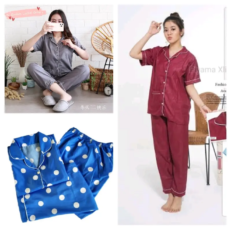 Paket Usaha 100 Ribu Dapat 3 Setel Piyama Baju Tidur Dewasa Nyaman Cantik Motif Panjang one Pendek Satin Setelan Embos Merah 5