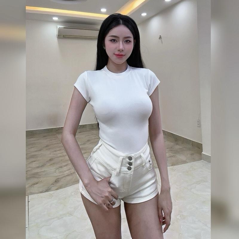 NGỌC LUCIE - T04 Áo Tay Ngắn Cổ Tròn Basic Chiết Eo Sâu Hack Dáng Vải Bozip Mịn Mát