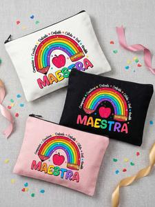 Neceser de maquillaje de poliéster con diseño de letras, bolsa de almacenamiento arcoíris y corazones, neceser con cremallera, bolso de aseo portátil, adecuado para almacenar cosméticos.
