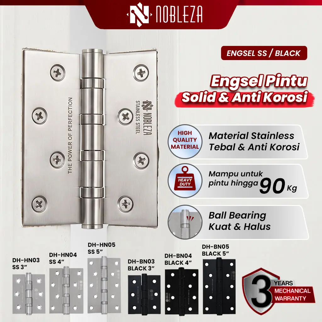Nobleza Engsel Pintu Jendela Hinge Kupu Butt Plat Kayu Aluminium PVC Hinges Door Window Stainless Steel Ball Bearing 2BB 4BB 3" 4" 5" 3 4 5 Inch Silver Abu Matte Black Nickel Hitam DH-HN03 DH-HN04 DH-HN05 DH-BN03 DH-BN04 DH-BN05