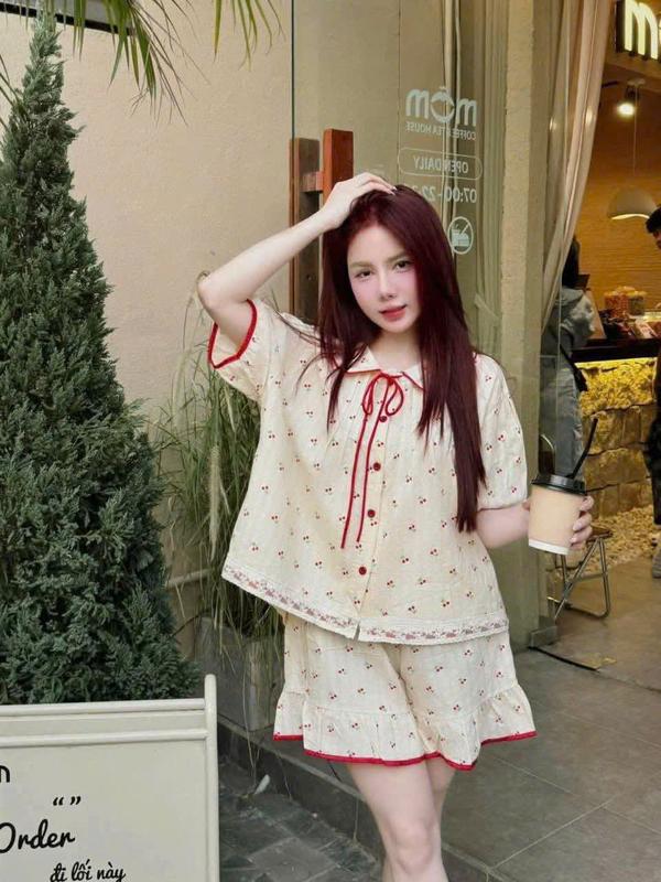 Đồ Bộ Pijama Tay Cộc Quần Đùi Phối ren Phối Bèo Nữ Tiểu Thư Họa Tiết hoa nhí, Bộ Ngủ mặc Nhà giá rẻ Free size Áo Women