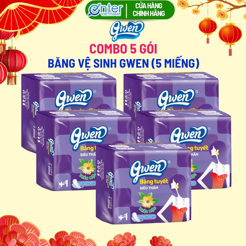   Combo 5 Gói  Băng vệ sinh GWEN Tím 5 miếng ban ngày dài 23cm CÓ CÁNH mặt lưới tampon kháng khuẩn khử mùi kháng khuẩn Nữ 