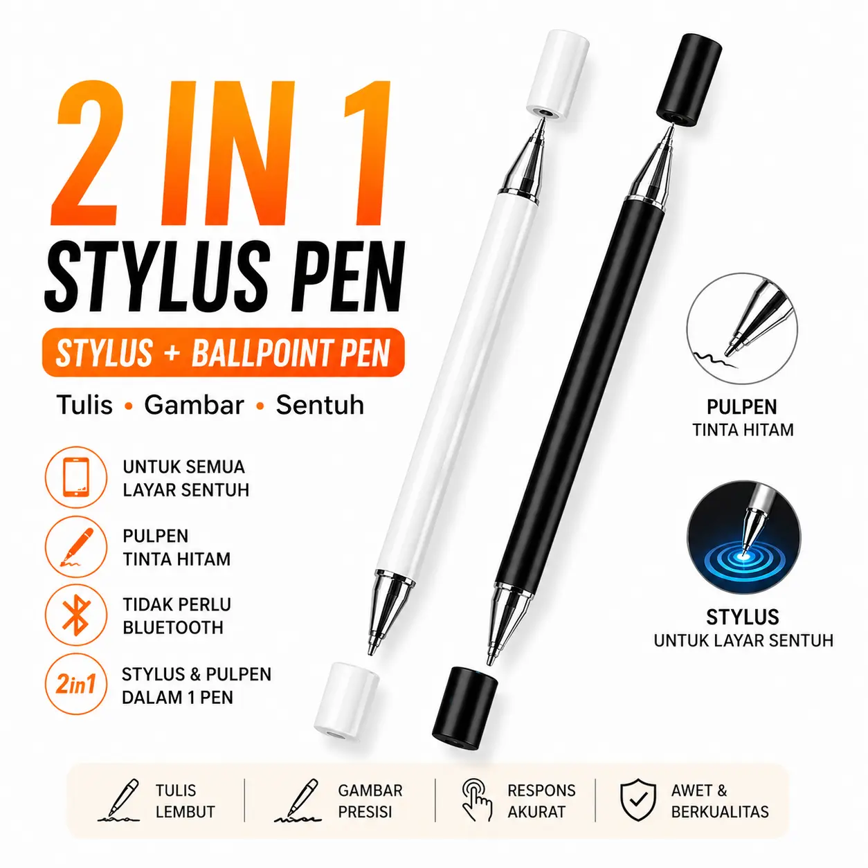 Stylus Pen 2 in 1 Touch Screen for Android HP iPhone iPad tablet Drawing Stylus pena hitam putih tab