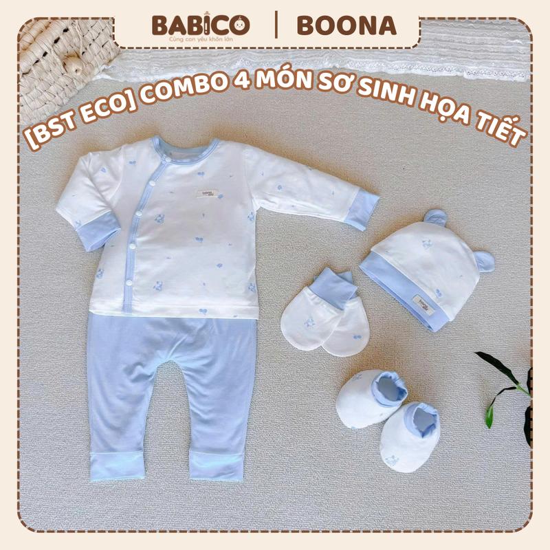 Combo Sơ Sinh 4 Món Boona Sợi Tre Bamboo Eco Họa Tiết: Bộ Quần Áo Dài Tay, Set Mũ Bao Chân Tay Cho Bé Chất Liệu Sợi Tre Bamboo Eco Mềm Mại