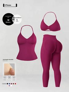 Conjunto de 3 piezas para mujer con top de halter + brasier deportivo + pantalones ajustados de cintura alta, con almohadillas desmontables, levantamiento de glúteos, soporte abdominal, uso diario en yoga y fitness