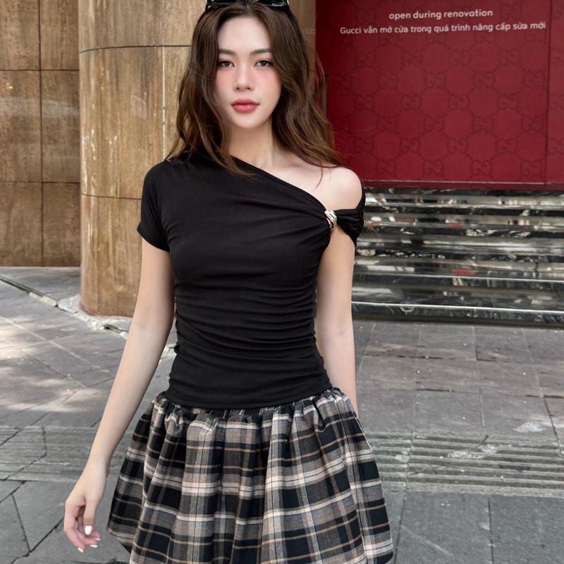 Áo lệch vai thun ôm cài khoen đen/nâu/trắng V1 Orimi