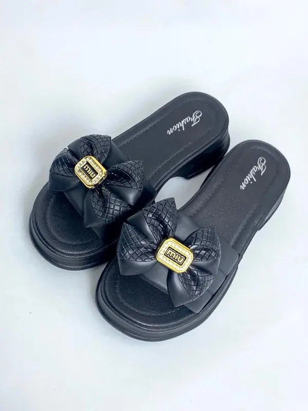 ACCBAYI SF55 Sandal Slide Slip On Wedges Wanita Tebal Elegan motif pita cantik 4