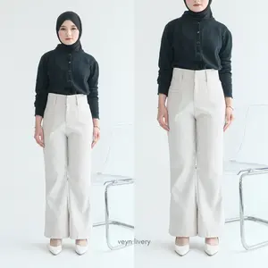 Veyn Livery - Nerra Cutbray Pants Highwaist Celana Flare Wanita Semi Woll Premium Hitam Stylish Fit Body Bahan Halus Jatuh Adem Dipakai Look Formal dan Casual Kulot Kancing Nyaman Panjang Stretch Loose Slim