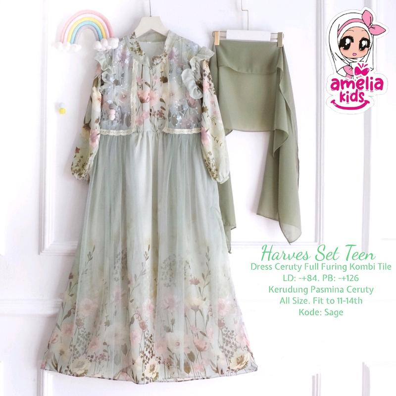Dress Lebaran Harves Set Teen Ory by Amelia Kids All Size Usia 11-14 tahun Dress Cantik Free Jilbab Pashmina 0