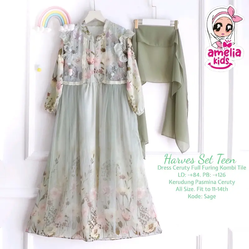 Dress Lebaran Harves Set Teen Ory by Amelia Kids All Size Usia 11-14 tahun Dress Cantik Free Jilbab Pashmina 0