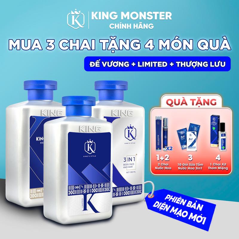 KingMonster Combo 3 chai sữa tắm gội nam 3in1 dung tích 350ml Tặng 2 Nước Hoa + 1 Dây 10 Gói + 1 xịt thơm miệng