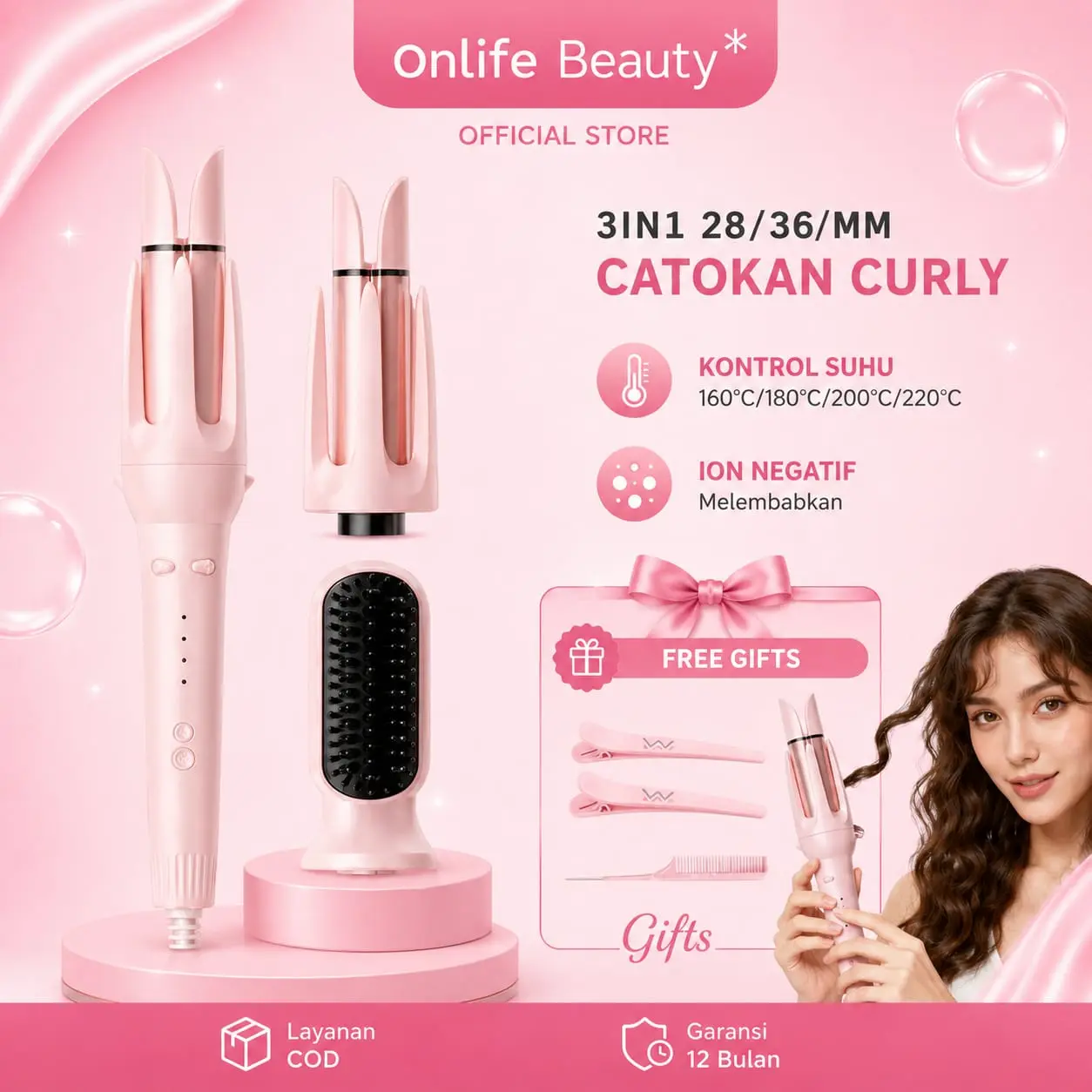 Onlife 3-in-1 Automatic Hair Styler Catokan Rambut Keriting Otomatis Multi Fungsi Gaya dewi