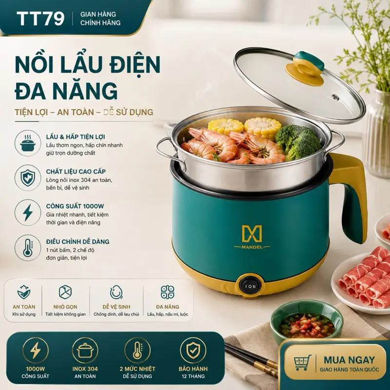 ️Nồi Lẩu Điện Mini, Nấu Mì 2 Tầng Kèm Giá Hấp Đa Năng  Nướng, Luộc, Chiên Chống Dính Vấn Đá Tiện Lợi Nồi Điện Inox