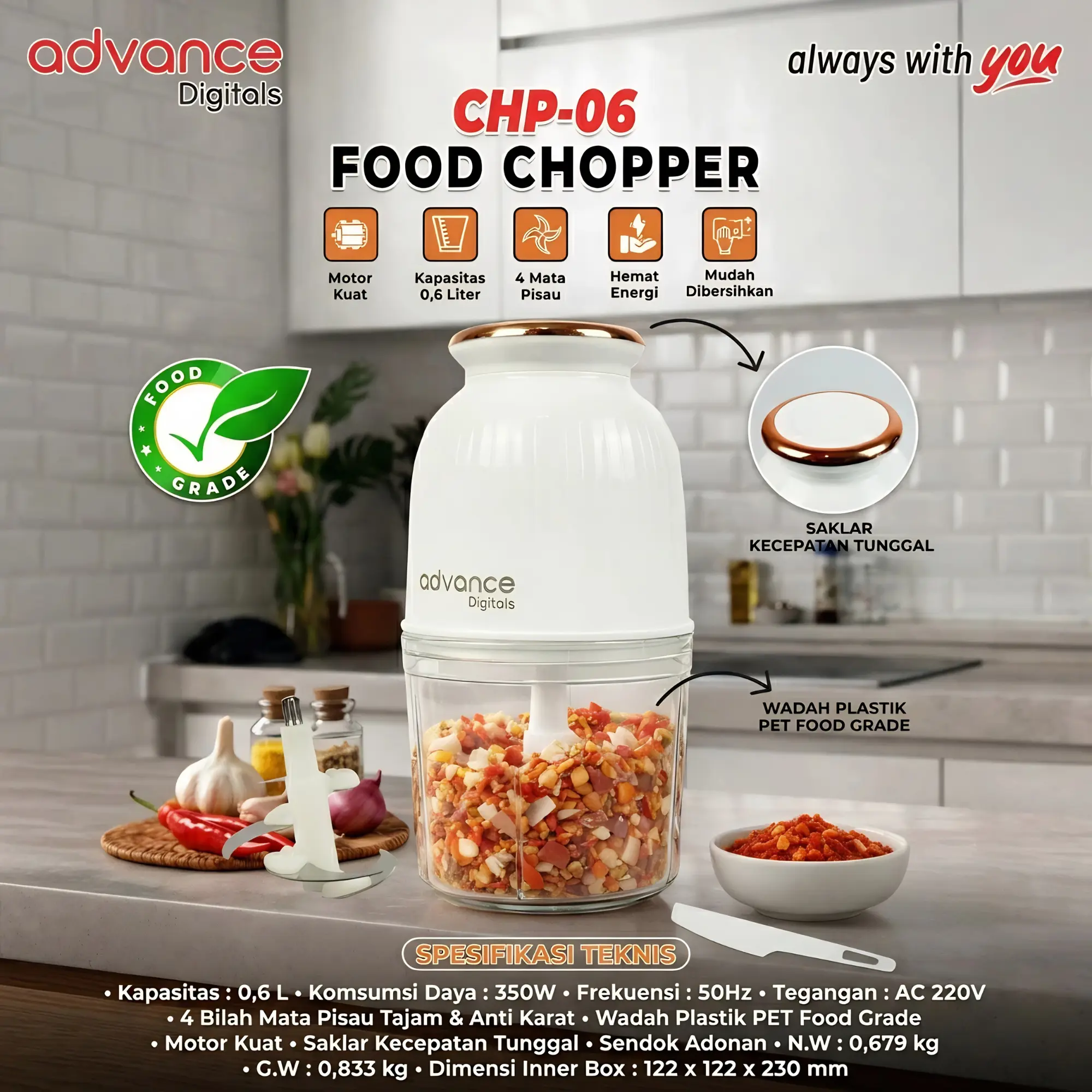 【NEW】CHP-06 Advance Chopper 0.6 Liter 350 Watt Penggiling Daging / Bumbu Masakan Garansi Resmi 1 Tahun