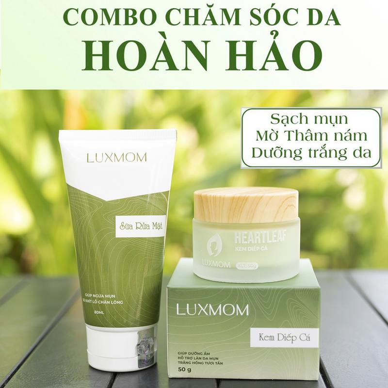 Luxmom Kem Diếp Cá Và Sữa Rửa Mặt Hỗ trợ Trắng Da Hết Mụn Cấp Ẩm Mờ Thâm Sạm Cho Mẹ Bầu & Sau Sinh Combo Chăm sóc Da Hoàn Hảo