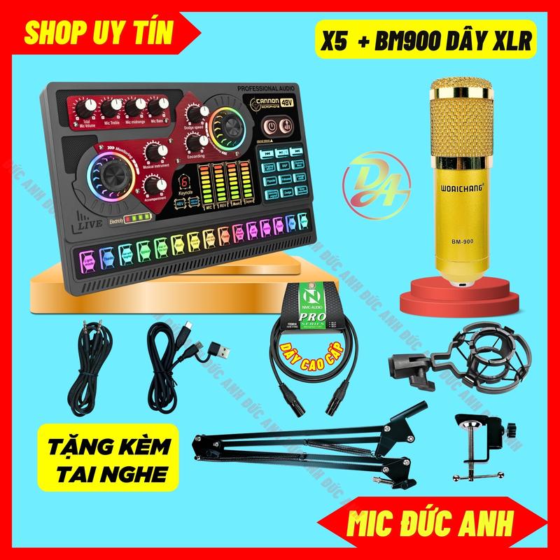 Bộ Sound Card X5 Đen Thế Hệ Mới Kết Hợp Mic Thu Âm BM900 Sử Dụng Nguồn 48V Hút Khỏe Hơn, Dây Micro Chất Lượng Hơn Đi Kèm Tai Nghe