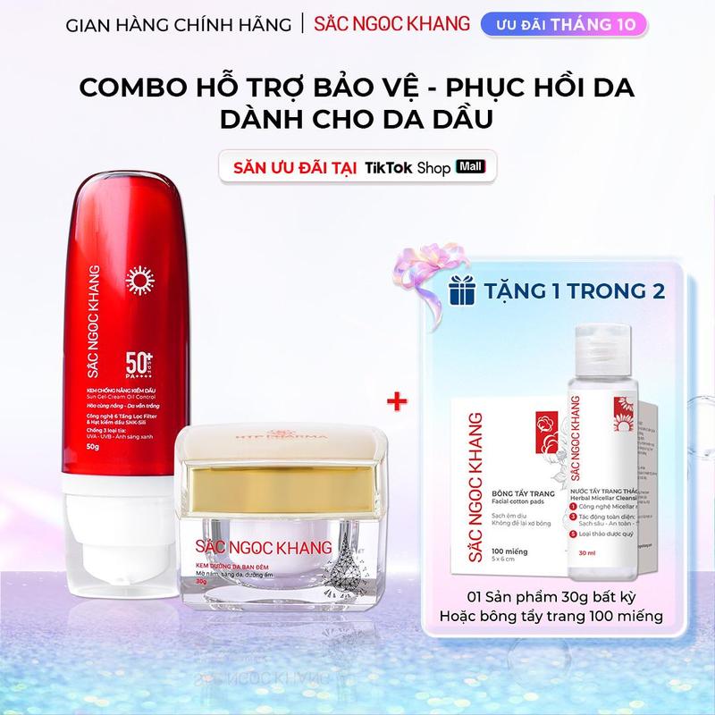 Combo Chống Nắng Dưỡng Ẩm Cơ Bản: Kem Dưỡng Cấp Ẩm Ban Đêm 30G & Kem Chống Nắng Kiềm Dầu SPF50+/PA++++ [50G] Sắc Ngọc Khang - Hỗ Trợ Sáng Da Serum Làm Đẹp Da, Hỗ Trợ Da Sạm, Lão Hóa Da Skincare Nữ
