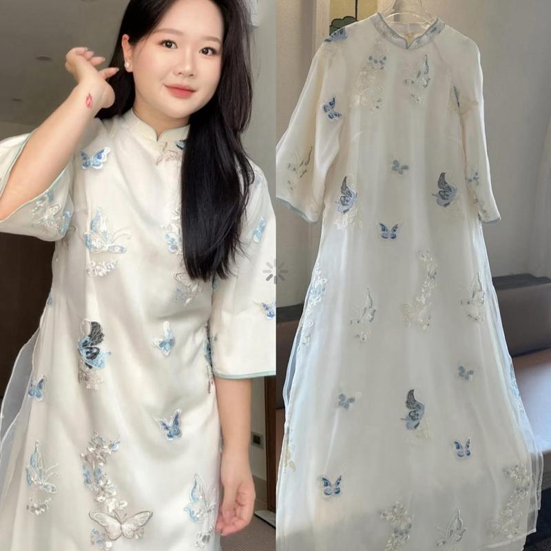   XLDM Studio  Áo dài BIGSIZE nữ cách tân tơ 4 tà tay lửng họa tiết bướm thêu kèm quần thiết kế   Áo dài Trúc Liên   