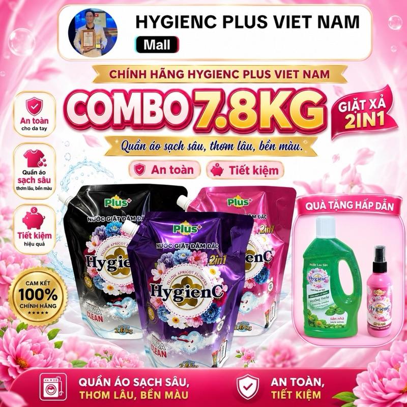Combo 7.8KG Giặt Xả Plus 2in1 HygienC Plus, Có HD CTy, Sạch Sâu Thơm Lâu, 3 túi x 2.6kg, Quà lớn: 1Kg Lau sàn, 100ml xịt khô - Giặt Tay và Giặt Máy - Không cần dùng nước xả vải