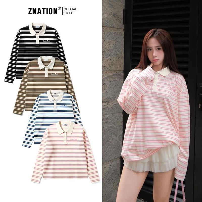  Áo thun dài tay kẻ ZNATION Form Boxy Unisex Nam Nữ Cổ Polo Hình In Nổi 