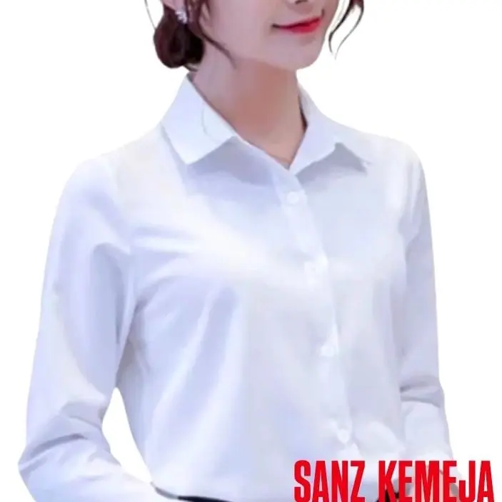 Kemeja Putih Kerja Wanita Lengan Panjang Hitam Putih Baju Kantor  Katun Casual Atasan Dasar Polos Formal Basic Cewek Kancing Kerah Tebal Tangan