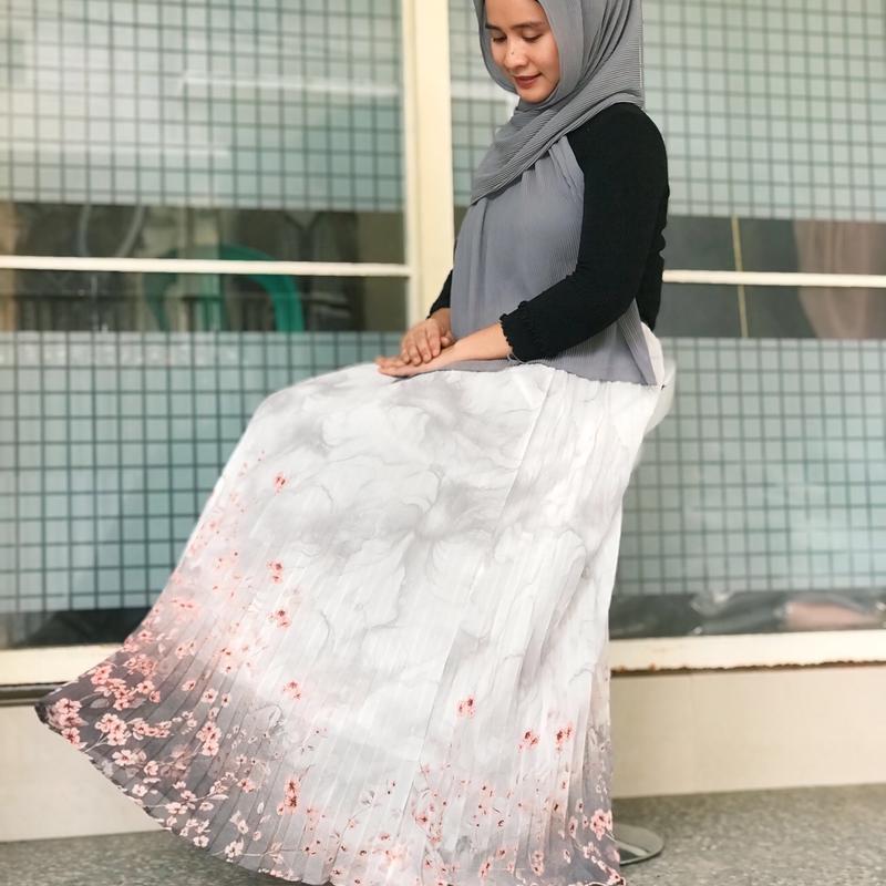 Alena skirt -ROK PLISKET Motif ceruty babydoll heavy cifhon exlusive pinggang full Karet bawahan androk prisket motip bunga hitam putih Muslim Wanita dewasa 0